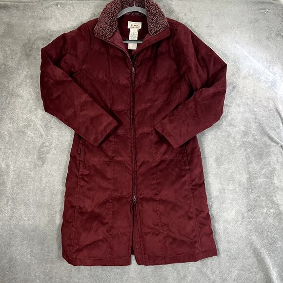 LL Bean Long Parka Goose Down Jacket Suede Quilted Women's S Burgundy Sherpa - Picture 1 of 11